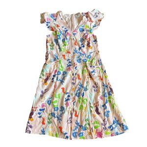Tanya Taylor Light Pink Colorful Floral Print Dress Midi Short Sleeve Size 18